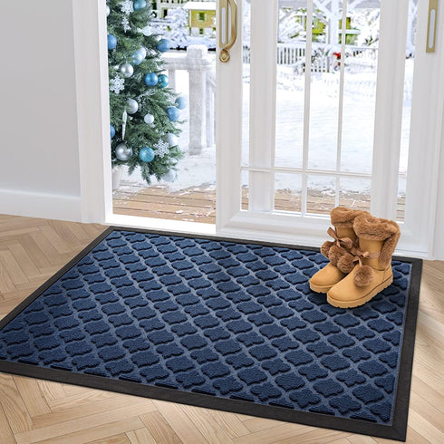 DEXI Door Mat Front Indoor Outdoor Doormat Small Heavy Duty Rubber Outside Floor Rug for Entryway Patio Waterproof Low-Profile,17"x29",Navy Blue
