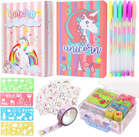 YOYTOO Unicorn Diary for Girls, Unicorn Stationery Set, Notebook, Pen, Stickers, Mini Stamps Set, Drawing Stencils, Unicorn Journal Gift for Drawing Writing for Girls Kids Ages 4-12