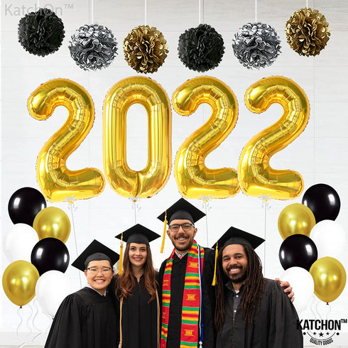 Giant Gold 2022 Balloons Numbers - Large 40 Inch, Graduation Balloons 2022 Foil with Pompoms | Black and Gold Graduation Decorations | Graduation Party Decorations 2022 | Class of 2022 Decorations