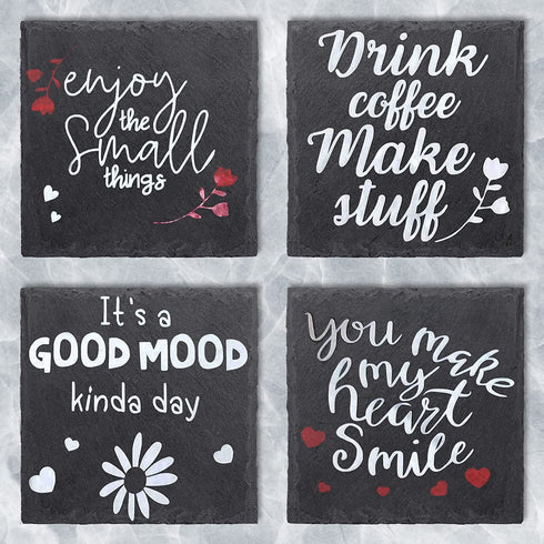 Slate Drink Coasters with Metal Holder, GOH DODD 4 Inch 8 Pieces Black Stone Coasters Bulk Cup Coaster Set for Bar Kitchen Home Apartment, Sqaure
