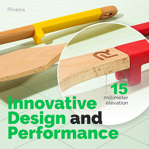 Riveira Wooden Spoons for Cooking Kitchen Cooking Utensils Set 5-Piece Spatula Wood Slotted Spoon Serving Utensil Fork Nonstick Utensils with Silicone Handles for Everyday Use