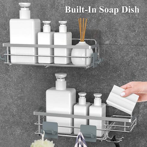 Nieifi Shower Caddy with Hooks, Shower Shelf Organizer Basket Rack Storage Rustproof Adhesive Bathroom Shelves, Drill Free 2 Pack