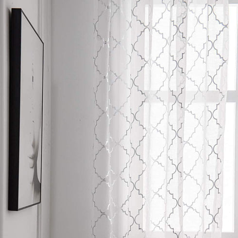 YJ YANJUN Sliver White Sheer Curtains for Bedroom 63 Inch Length - Moroccan Silver Print for Living Room Rod Pocket Window Drapes 52 x 63 Inch, 2 Panels, White Silver