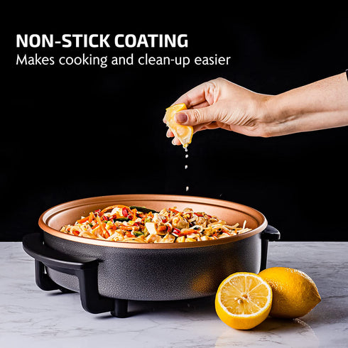 Ovente 12 Inch Electric Kitchen Skillet with Nonstick Aluminum Coated Grill Pan & Glass Lid Cover, Indoor Countertop Cooking Pan with Temperature Control & Handle Compact Easy Clean, Copper SK11112CO