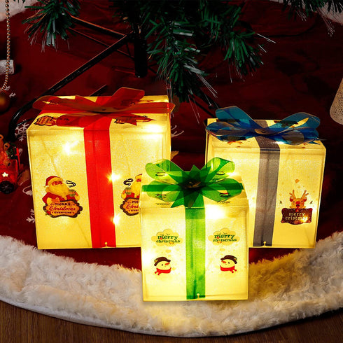 Glory Island Christmas Decorations Lighted Boxes, Set of 3 Lighted Merry Box, Santa Claus Snowman Pattern Box for Xmas Tree Indoor Outdoor Home Fireplace Yard Garden