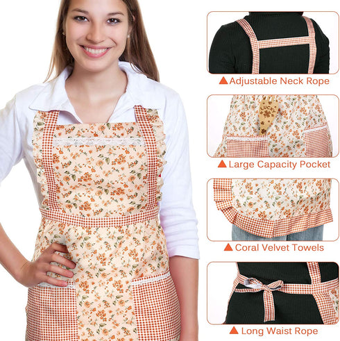 3 Pieces Kitchen Floral Aprons Soft Flower Aprons Women Chef Aprons Adjustable Cooking Aprons with Pockets for Kitchen Cooking Baking Gardening Household Cleaning Supplies, 3 Colors