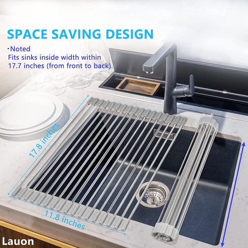 Roll Up Dish Drying Rack?Lauon Over The Sink Multipurpose Dish Drainer Tray Mat?304 Stainless Steel Foldable Dish Rack (17.8''x11.8'')