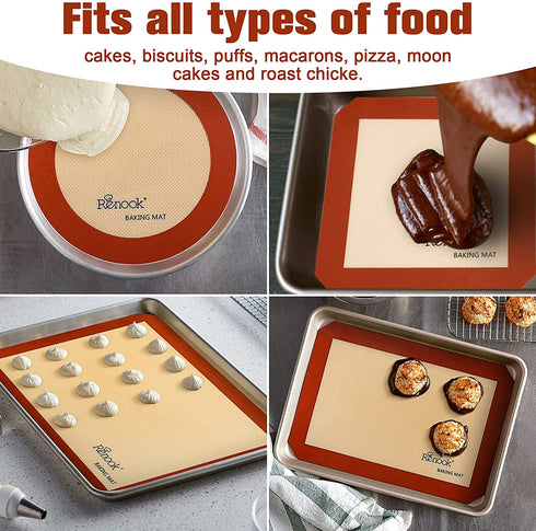 RENOOK Silicone Baking Mats Set of 5, BPA-free grade food baking mat, 100% Non-Stick Reusable Food Safe Liners & Silicone Brush- Macaron, Pastry, Cookie.