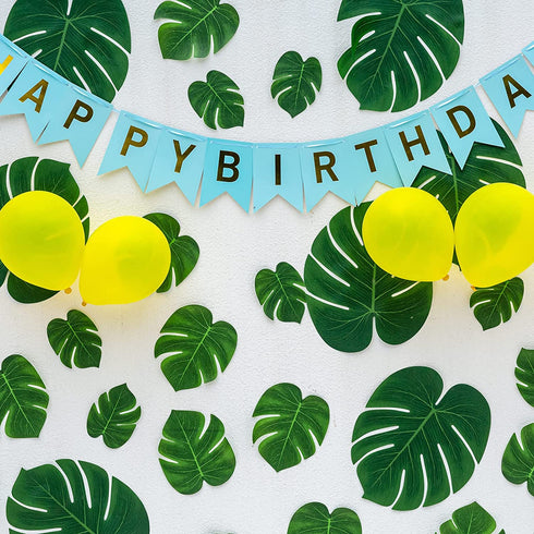 Artificial Tropical Palm Leaves 130Pcs Faux Monstera Leaves Fake Green Leaves Safari Birthday Decorations for Hawaiian Luau Party Decor Jungle Beach Birthday Theme BBQ Party Table Supplies (3 Size)