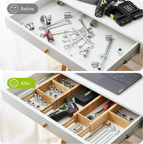 Bamboo Drawer Dividers for Clothes With 8 Inserts, Drawer Dividers Kitchen Utensils(16-20IN) Adjustable Expandable Deep Spring Loaded Separators Organizer for Office Silverware Dressers and Bathroom 4 Pack