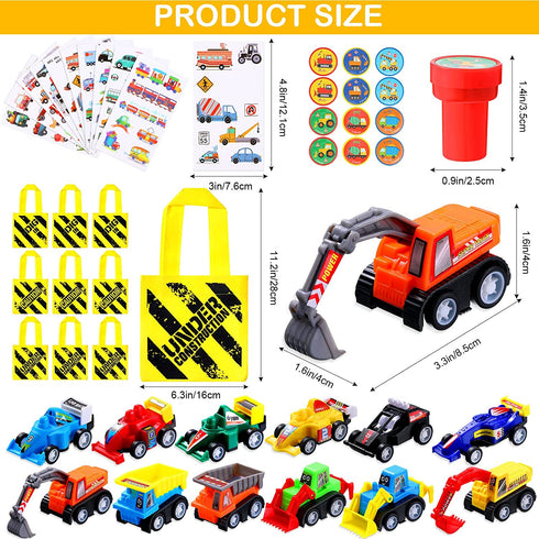 46 Pieces Construction Birthday Party Supplies 12 Construction Party Bags 12 Mini Dump Trucks 12 Truck Stamper 10 Stick-on Easter Tattoos Party Souvenirs for Boys Girls Give Away Classroom Reward