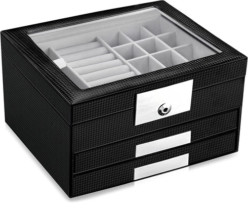 Oyydecor 3-Layer Jewelry Organizer with 2 Drawers Pu Leather Jewelry Box Organizer Display Storage case Necklace Ring Earring Storage Lockable Gift Case Gifts for Women