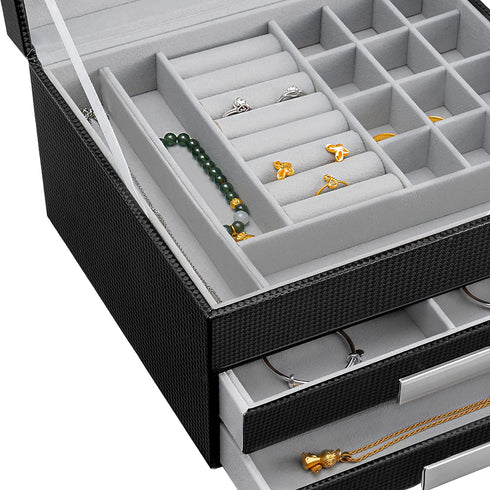 Oyydecor 3-Layer Jewelry Organizer with 2 Drawers Pu Leather Jewelry Box Organizer Display Storage case Necklace Ring Earring Storage Lockable Gift Case Gifts for Women