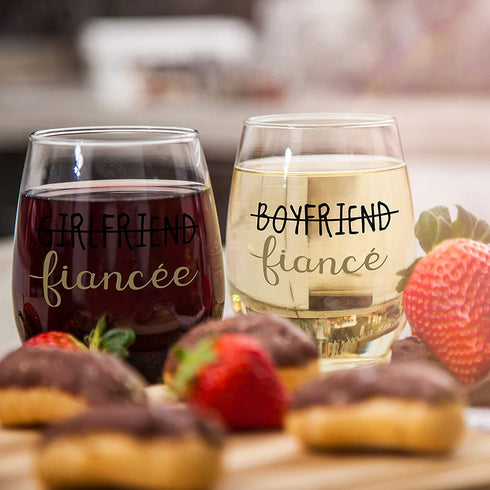 Boyfriend and Girlfriend 15 oz Stemless Wine Glasses (Set of 2) - Unique Engaged Wine Glasses for Fiance Unique Engagement Gifts For Him and Her