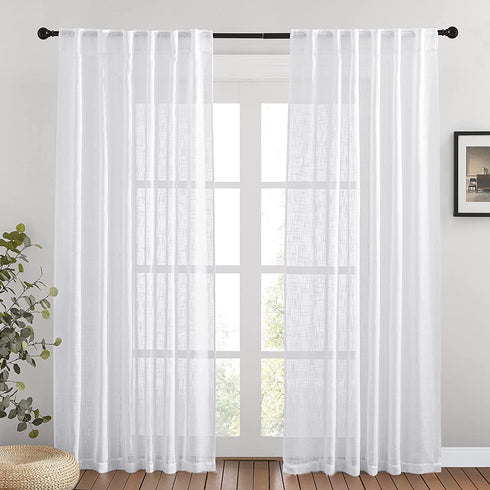 PONY DANCE Sheer White Curtains - Linen Curtains 84 inches Long for Living Room Delicate Back Tab Semi-Sheer Privacy Window Covering for Bedroom, 52" W x 84" L, 2 PCs