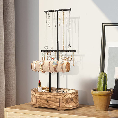 Emfogo Jewelry Organizer Tree Stand Wood Basic Jewelry Drawer Storage Box with Double Rods & 3 Tier Jewelry Holder Bracelet Organizer Necklaces Earring Ring Display(Carbonized Black)