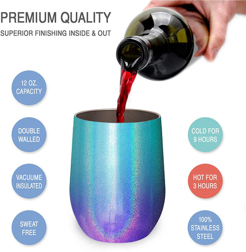 CHILLOUT LIFE Stainless Steel Wine Tumblers 2 Pack 12 oz - Double Wall Vacuum Insulated Wine Cups with Lids and Straws Set for Coffee, Wine, Cocktails (Mermaid Sparkle)