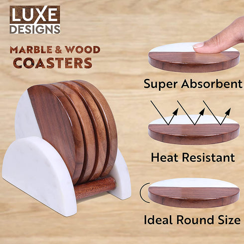 Acacia Wood & White Marble Coasters with Holder (4 Piece) Round Absorbent Coasters for Drinks: Tea, Coffee, Wine & More Fancy Half Marble Half Wood Coasters Set for Home & Kitchen Décor (4?)