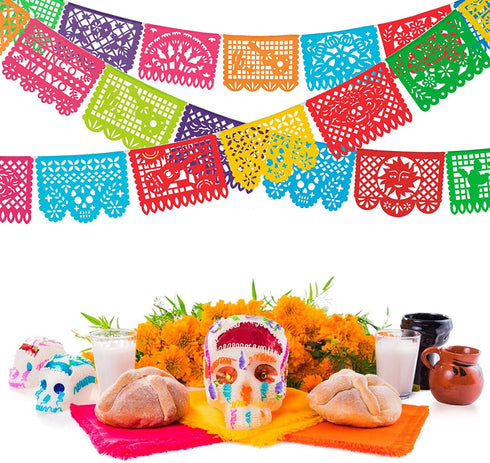 HOOJO 5 Packs 82 Ft Mexican Party Banners, Papel Picado Banner, Cinco de Mayo, Fiesta Party Decorations, Dia De Los Muertos Decor, Day of the Dead Decorations, 12 Patterns 82 Feet Long in Total