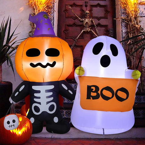 HOOJO 6 FT Halloween Inflatables Pumpkin Kid with Ghost Outdoor Halloween Decorations with Build-in LEDs, Blow up Halloween Decorations for Yard, Garden, and Lawn