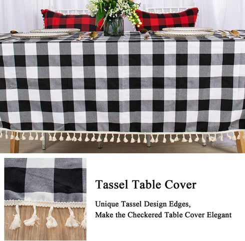AMZLOKAE Checkered Tablecloth Rectangle 54''x80'' Black and White Buffalo Plaid Tablecloth Tassel Tablecloth Gingham Tablecloth for Kitchen Dining Anti-Fading Cotton Table Cover Christmas Decor