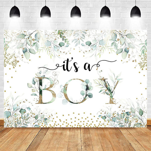 Mocsicka It's a Boy Backdrop 7x5ft Greenery Eucalyptus Baby Shower Party Decorations Banner Summer Green Leaves Boy Baby Shower Photography Background