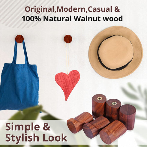 Upsole 6 Pack Walnut Wood Coat Hooks - Wooden Wall Hooks for Home and Office - Decorative Wall Mounted Hat Hooks and Hanging Washroom Towels Garments Wood Towel Hook