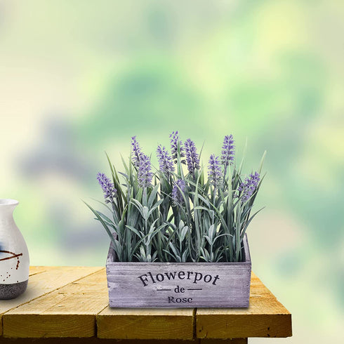 WITTY REMARK Fake Plants Artificial Lavender in Wooden Pots 10 Inches for Home Decoration Indoor/Outdoor Patio, Window, Table, Porch