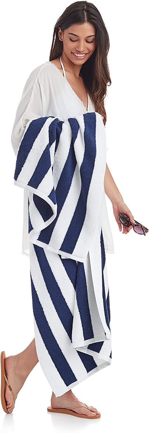 Amazon Basics Cabana Stripe Beach Towel - Pack of 2, Navy Blue