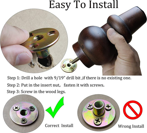 Couch Legs 6 inch Wood bun Furniture feet Set of 4 for Sofa Armchair Ottoman Coffee Table etc with Screw Install kit (6 inch bun Legs)