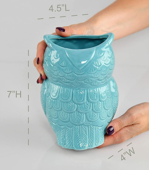 HOME-X Large Owl Design Ceramic Cooking Utensil Holder, Kitchen Decor for Cooking Accessories, Ceramic Utensil Holder-Multipurpose- Aqua Blue-7? H x 4? D