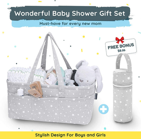 StarHug Baby Diaper Caddy Organizer - Baby Shower Basket | Large Nursery Storage Bin for Changing Table | Car Travel Tote Bag | Newborn Registry Must Have | Bonus Bottle Cooler | Gray