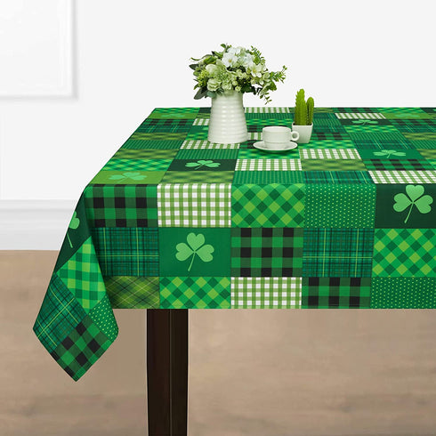 St. Patricks Day Tablecloth, Green Lucky Shamrock Table Cloth, Buffalo Plaid Checkered Tablecloths, Four Leaf Clovers Waterproof Tablecloth Square for Dinner Party Decoration, 55 x 55 inch