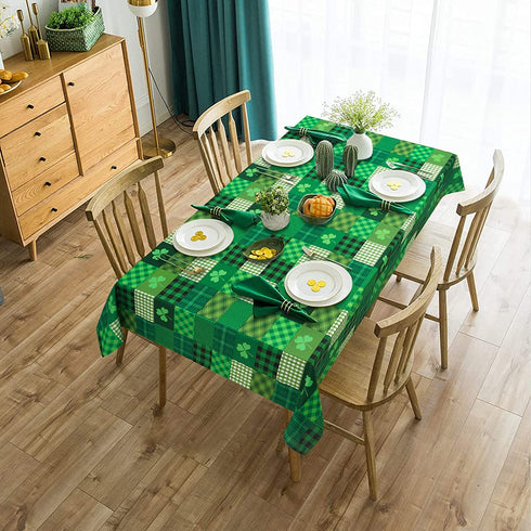 St. Patricks Day Tablecloth, Green Lucky Shamrock Table Cloth, Buffalo Plaid Checkered Tablecloths, Four Leaf Clovers Waterproof Tablecloth Square for Dinner Party Decoration, 55 x 55 inch