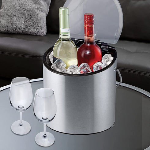 Oggi Stainless Steel Ice and Wine Bucket with Flip Top Lid and Ice Scoop, Holds 2 Bottles