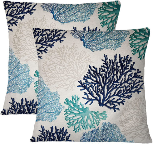 Beach Throw Pillow Covers, Set of 2 Coastal Coral Branch Ocean Themed Pillowcase Luxury Velvet Decorative Cushion Cover for Couch Bed Sofa Farmhouse Decoration 18X18 Inches