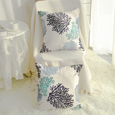 Beach Throw Pillow Covers, Set of 2 Coastal Coral Branch Ocean Themed Pillowcase Luxury Velvet Decorative Cushion Cover for Couch Bed Sofa Farmhouse Decoration 18X18 Inches
