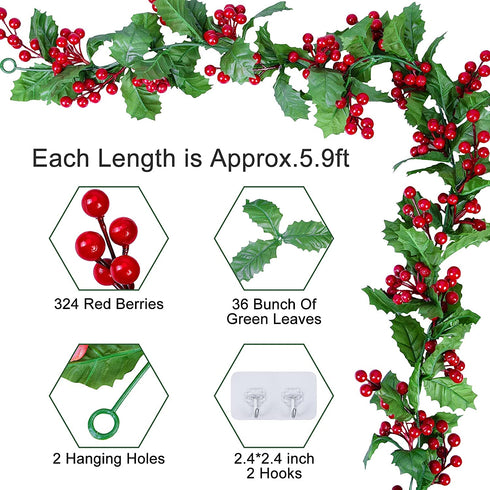 Attmu Christmas Garland - 5.9FT Artificial Red Berry Garland for Indoor Outdoor Home Winter Christmas Decorations Xmas Holiday New Year Fireplace Stairs Mantel Table Decor