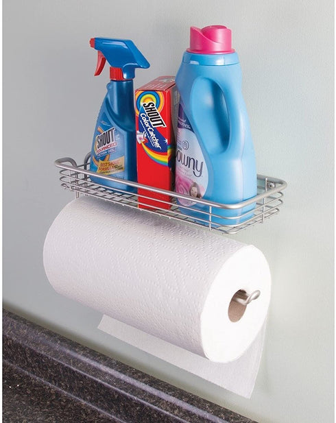 iDesign Classico Steel Wall Mounted Paper Towel Holder with Shelf Paper Towel Dispenser for Kitchen, Bathroom, Laundry Room, Garage, Office , Satin