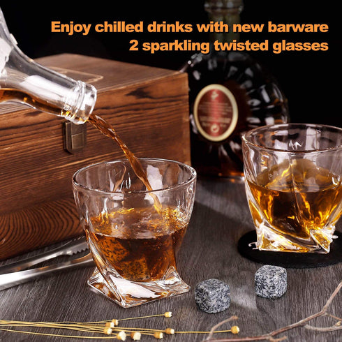 Whiskey Glasses Set of 2 - Bourbon Glasses with Wooden Box, Old Fashioned Whiskey Glass Set with Stones, 10 oz Scotch Glasses Gift Set for Men, Crystal Cocktail Glasses/Bar Glasses for Dad
