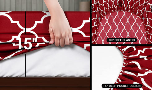 Utopia Bedding Printed Queen Sheet Set - 1 Fitted Sheet, 1 Flat Sheet and 2 Pillowcases - Soft Brushed Microfiber Fabric - Shrinkage and Fade Resistant (Queen, Burgundy Quatrefoil with White Pattern)
