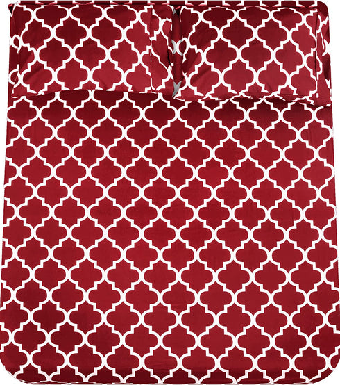 Utopia Bedding Printed Queen Sheet Set - 1 Fitted Sheet, 1 Flat Sheet and 2 Pillowcases - Soft Brushed Microfiber Fabric - Shrinkage and Fade Resistant (Queen, Burgundy Quatrefoil with White Pattern)