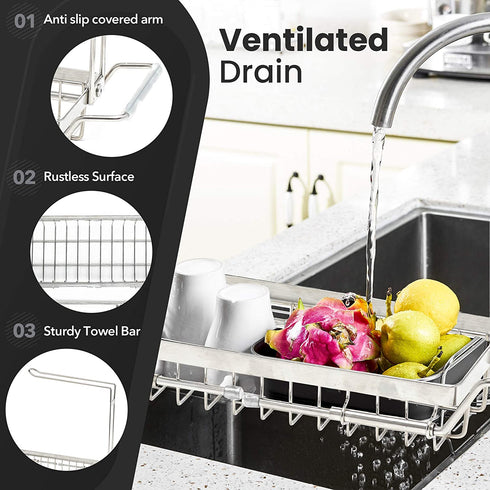 NEIIRO Stainless Steel Telescopic Sink Storage Rack - Expandable Kitchen Sink Caddy - Telescope Sink Rack Storage - Sponge Holder for Kitchen Sink Organization - Adjustable Holder with Towel Rack