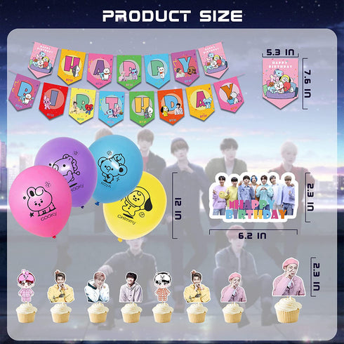 100 Pcs BT21 Birthday Party Supplies, Birthday Supplies for Bangtan Boys Fans Include Happy Birthday Banner, Cake Cupcake Toppers, Balloons And Stickers For Boys Girls Party Favors