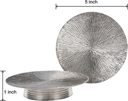 JEZZEJ Silver Pillar Candle Holder Set of 2 - Candle Holders for Table Centerpiece - Candle Holders for Pillar Candles - Handmade in India Candle Stand - Large Candle Plate to Protect Surface