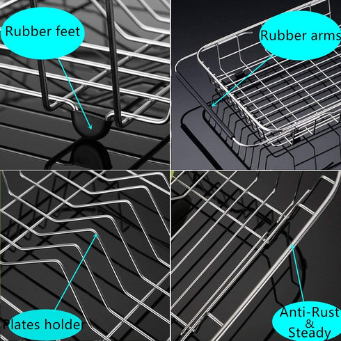 iPEGTOP Expandable Dish Drying Rack, Over The Sink Dish Rack, in Sink Or On Counter Dish Drainer with Black Utensil Holder Cutlery Tray, Rustproof Stainless Steel for Kitchen