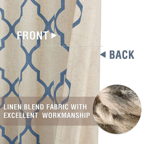 jinchan Linen Curtains for Living Room Back Tab Curtain Moroccan Print Bedroom Drapery Dining Room Light Filtering Flax Textured Rod Pocket Window Treatment 95 Inch Length 2 Panels Blue on Beige