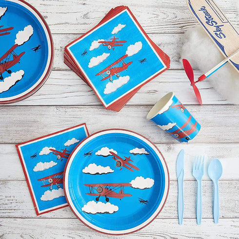 Airplane Party Supplies ? Serves 24 ? Includes Plates, Knives, Spoons, Forks, Cups and Napkins. Perfect Airplane Party Pack for Kids Airplane Themed Parties.
