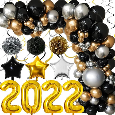 2022 New Years Eve Balloon Garland Arch Kit, 90Pcs Black Gold Silver Balloons Paper Pompoms Hanging Swirls for 2022 New Years Eve Party Supplies Graduation Party Decorations (Silver)
