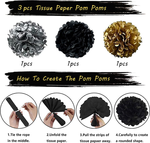 2022 New Years Eve Balloon Garland Arch Kit, 90Pcs Black Gold Silver Balloons Paper Pompoms Hanging Swirls for 2022 New Years Eve Party Supplies Graduation Party Decorations (Silver)